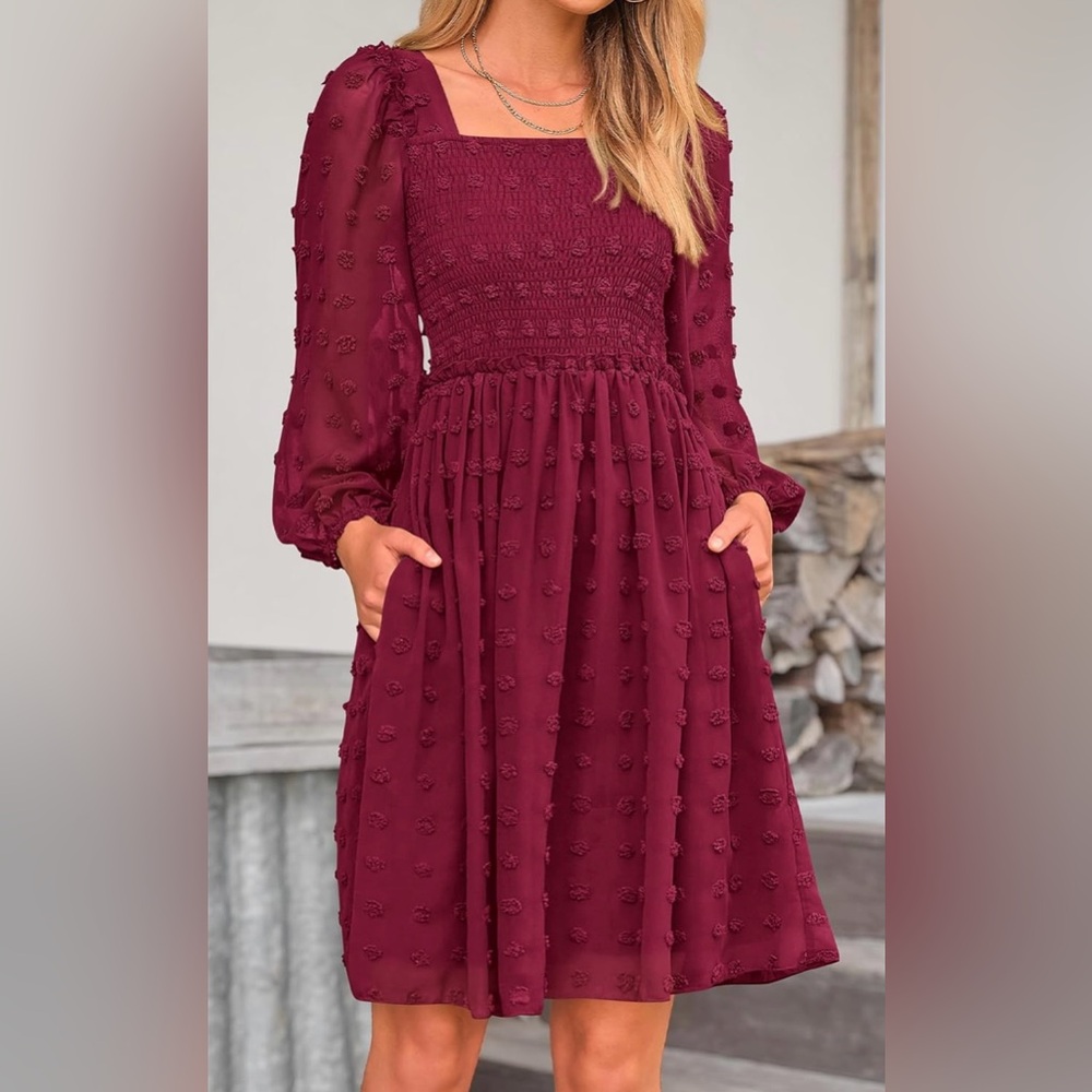 Smocked Square Neck Dress Wine Red ~ flattering silhouette 
SIZE XXL /20   *NWT